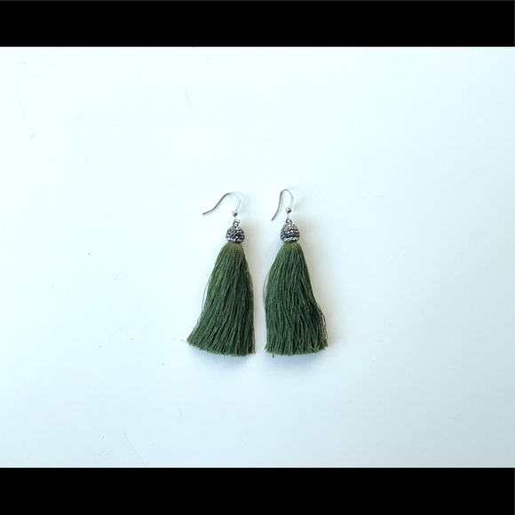 Green Tassel Drop Earrings With Gunmetal Bead - Picture 6 of 8